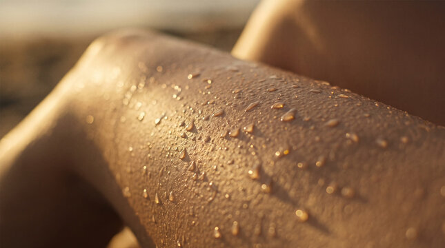 Sun kissed wet skin with golden water drops in sunlight