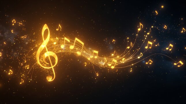 Luminous golden treble clef surrounded by glowing musical notes in space with radiating warm golden light against deep cosmic backdrop floating