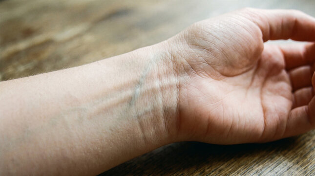 Close up of human wrist showing veins and natural skin texture