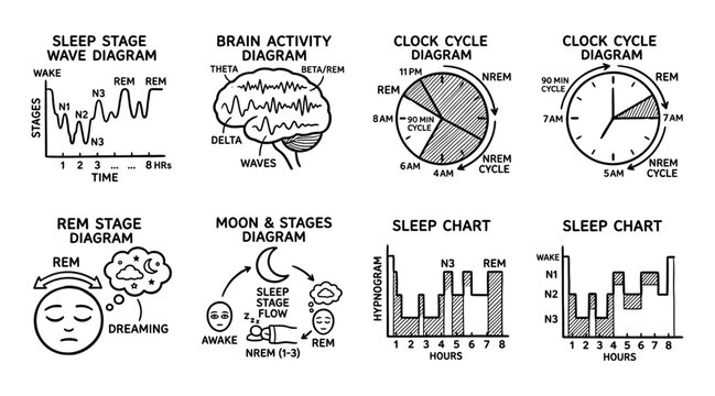 Set of sleep cycle and brain activity diagrams