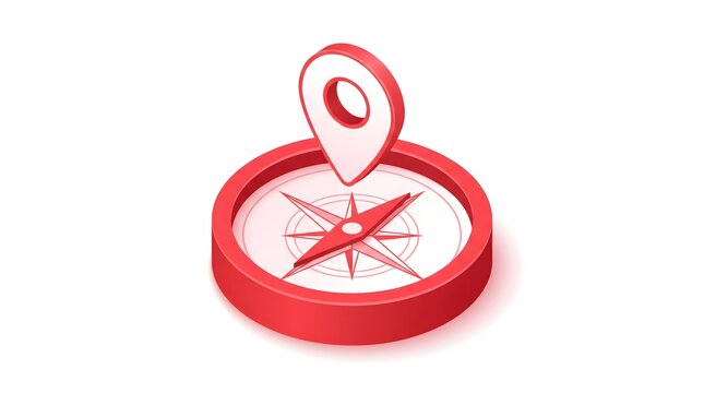 Red Compass with Location Pin Icon on White Background.