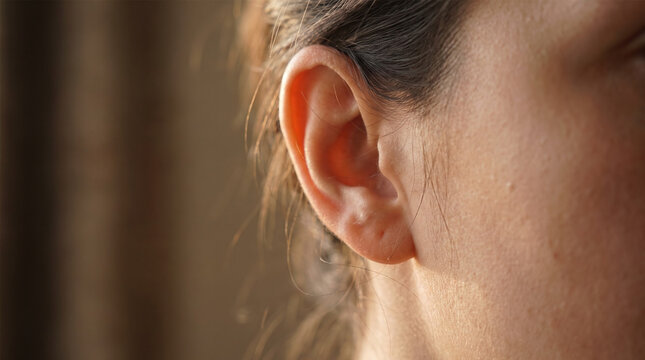 Macro close up of human ear and side of face in warm lighting