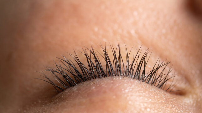 Extreme macro close up of eyelashes on closed human eyelid