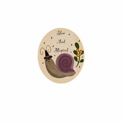 Cute witch snail Halloween label with magical autumn berries and Slow And Magical lettering © Tati