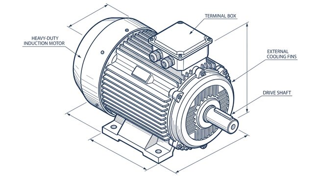 Detailed Isometric Illustration of an Industrial Electric Motor with Dimensions.