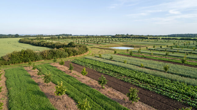 Young agroforestry plantation combining trees crops and sustainable land restoration