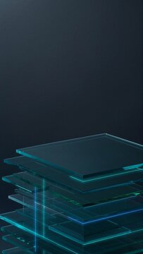 Zero Trust Cybersecurity Background with Futuristic Stacked Translucent Glass Layers and Glowing Cyan Neon Edges, Corporate BtoB Technology Concept
