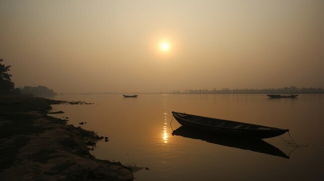 Serene sunset over calm river with moored boats with where two small boats rest near shore under hazy sky warm captures tranquil riverside scene golden hour