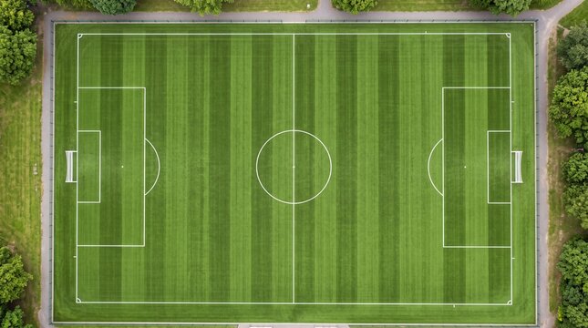 Top-down aerial view of a vibrant green soccer field with clear white markings and goalposts, surrounded by trees