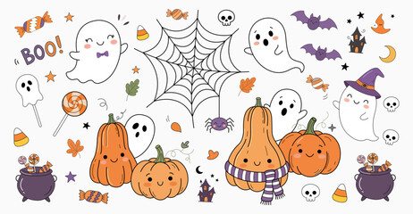Naklejka premium Cute Halloween Ghosts, Pumpkins and Spider Web Seamless Pattern