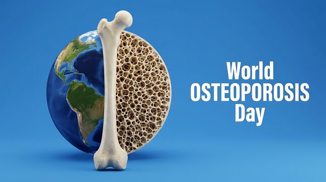 Earth globe beside porous bone model for global health awareness and world osteoporosis day campaign