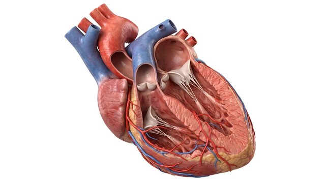 Detailed Anatomical Model of the Human Heart Showing Internal Structures.