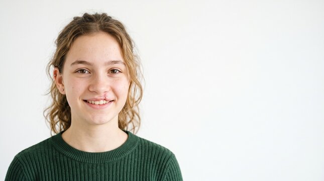Portrait of Teenage Girl with Post Operative Cleft Lip Surgical Scar on White Background with Large Copy Space