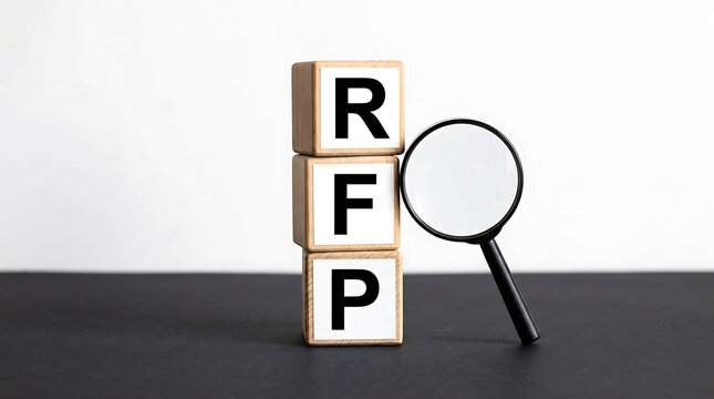 Wooden blocks spelling RFP acronym with magnifying glass on black surface