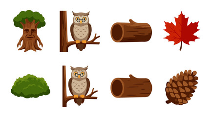 Fototapeta premium Forest Elements Icon Sheet: Tree Spirit, Owls with Glasses, Logs, Maple Leaf, Bush, Pinecone, Flat Vector Graphics
