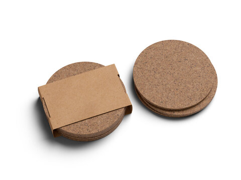 Cork coasters with kraft paper packaging mockup