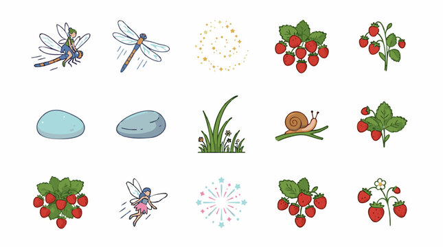 Fairy Sprite Riding Dragonfly, Strawberries, Snail, Grass, Rocks, Stars, and Sparkles Vector Icons Set, Flat Design Elements
