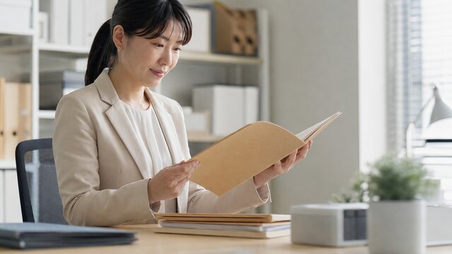 整理されたオフィスで働く日本人女性