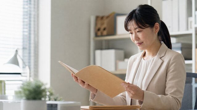 整理されたオフィスで働く日本人女性