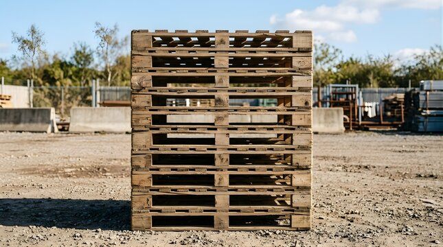 Stack of wooden shipping pallets standing outdoors in a storage yard