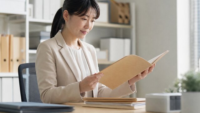 整理されたオフィスで働く日本人女性