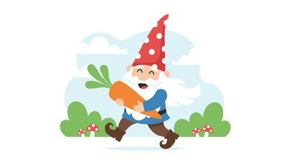 Fototapeta premium Joyful garden gnome carrying a giant orange carrot while walking through a scenic summer field filled with mushrooms.