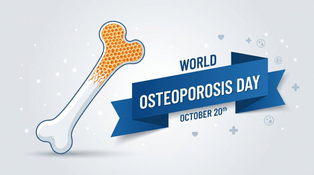 World Osteoporosis Day banner with 3D bone illustration and blue ribbon for health awareness