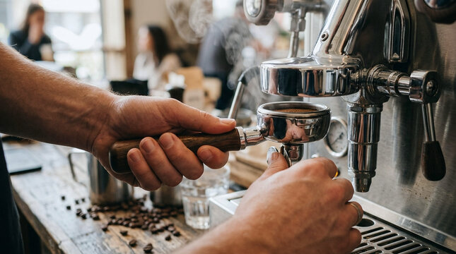 Barista locks a portafilter into a commercial espresso machine to brew fresh coffee.