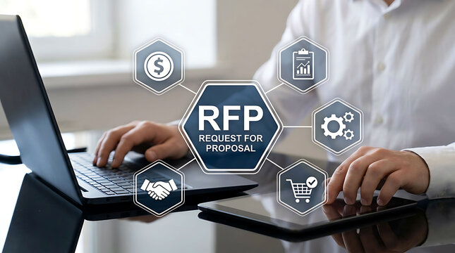 Professional writing a request for proposal with digital icons on screen