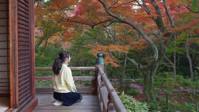 solo female traveler sitting on a traditional wooden terrace, admiring a serene autumn garden with red maple leaves at a Zen temple in Kyoto, Japan