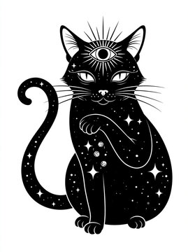 A mysterious black cat with three eyes sitting and washing itself covered in star constellation 