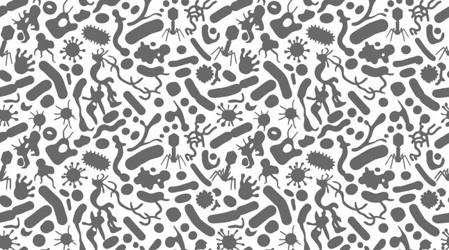 Seamless pattern background featuring various types of bacteria and viruses in grey.