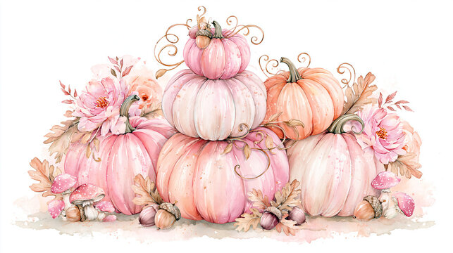 Pile of pink pumpkins decorated with blooming flowers, leaves and acorns creating cosy gentle autumn atmosphere