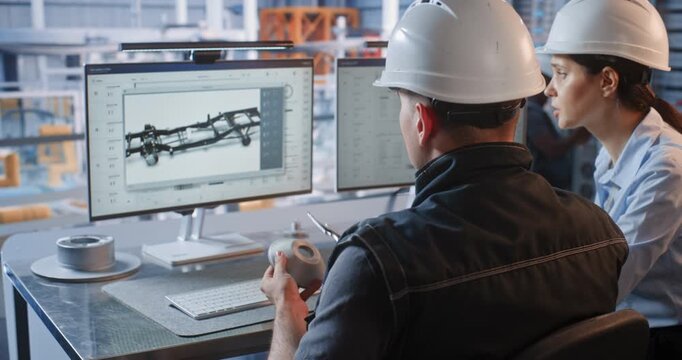 Female Engineer Points at 3D Car Chassis Screen while Discussing Component Design with Colleague Holding Prototype. Teamwork, CAD Software Drive Industry 4.0 Production Efficiency. Team Collaboration.