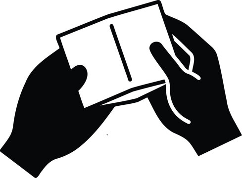 Black silhouette hands holding open document card vector illustration with graphic design