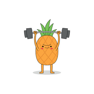 Cute pineapple fruit cartoon character lifting weight barbell doodle