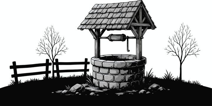 Traditional stone water well with wooden roof and metal crank stands in rural garden setting near bare trees and picket fence.