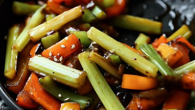 Saut?ed vegetables with sesame seeds in dark sauce, close-up