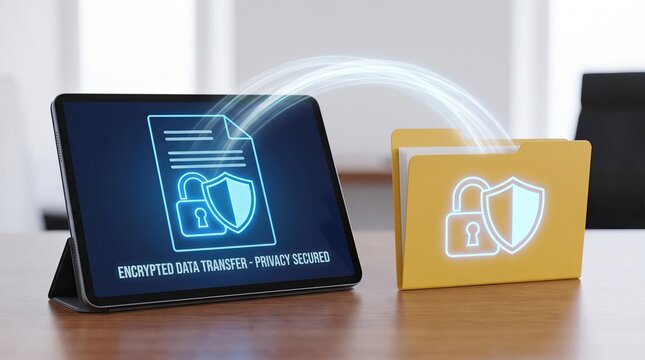 Digital tablet with secure document icon transferring encrypted files into a physical yellow office folder on a desk file transfer data protection digital security tablet comput