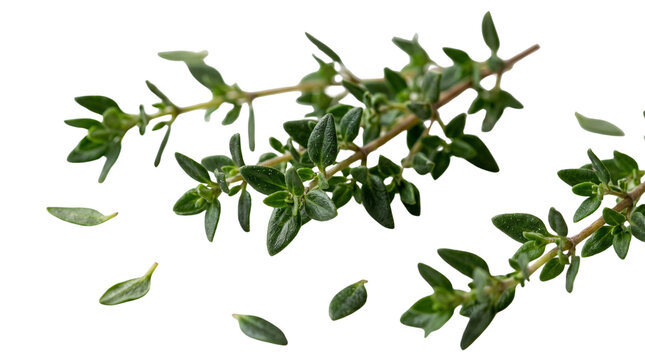 Fresh thyme sprigs and green herb leaves isolated on white background, organic culinary seasoning for cooking, aromatic garden herbs for healthy recipes