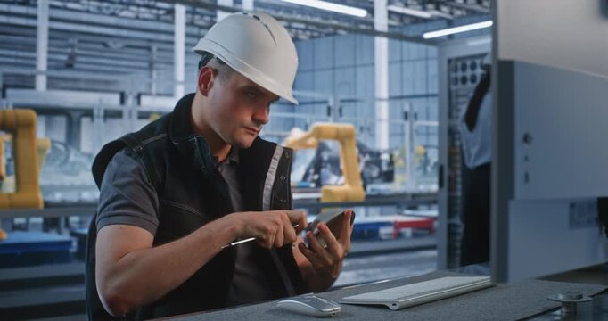 In Smart Factory Control Room, Engineer Measures Metal Part with Caliper while Colleagues Check Server Rack. Quality Assurance Ensures High Precision in Automated Plant Production. Industry 4.0.