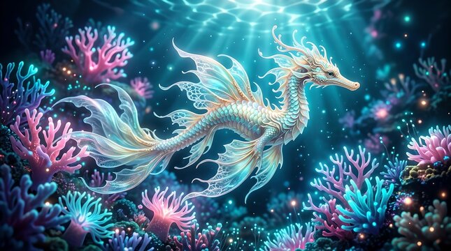 Ornate Fantasy Sea Dragon Swimming Among Bioluminescent Coral Reef Illustration