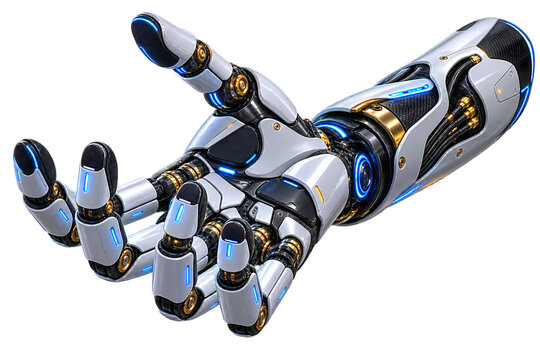 Futuristic robotic hand with glowing blue lights, advanced cyborg prosthetic arm, white bionic limb for medical and tech concepts