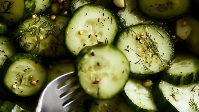 Sliced cucumbers with dill and spices, close-up
