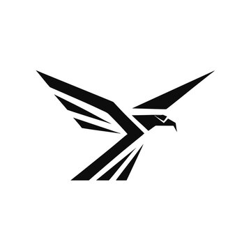 Minimalist eagle logo vector, geometric hawk icon in flight. Abstract falcon bird silhouette for corporate branding and sports identity.