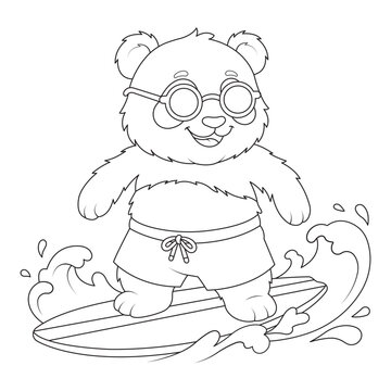 Beach sport cute bear ocean vector page surfer panda riding wave board illustration