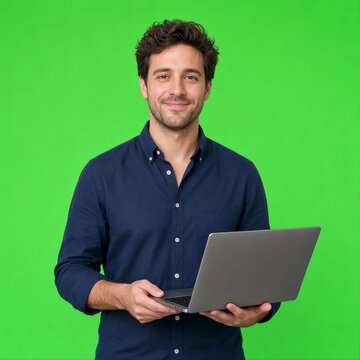 Young Smiling Man Working on a Laptop with Wireless Internet Technology on Green Screen