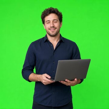 Young Smiling Man Working on a Laptop with Wireless Internet Technology on Green Screen