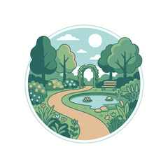 Obraz premium Circular park landscape with garden path and pond.