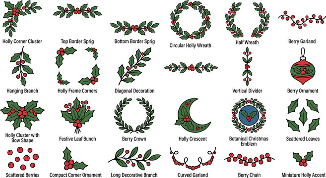 Christmas holly leaves and red berry vector set featuring decorative wreaths festive borders labeled floral elements and winter holiday ornaments